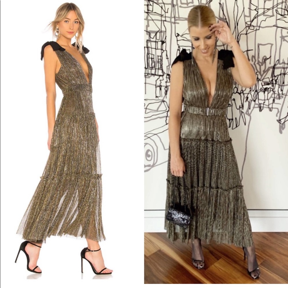 Sabina Musayev Ray Gold Deep V Neck Tiered Bow Shoulder Dress XS